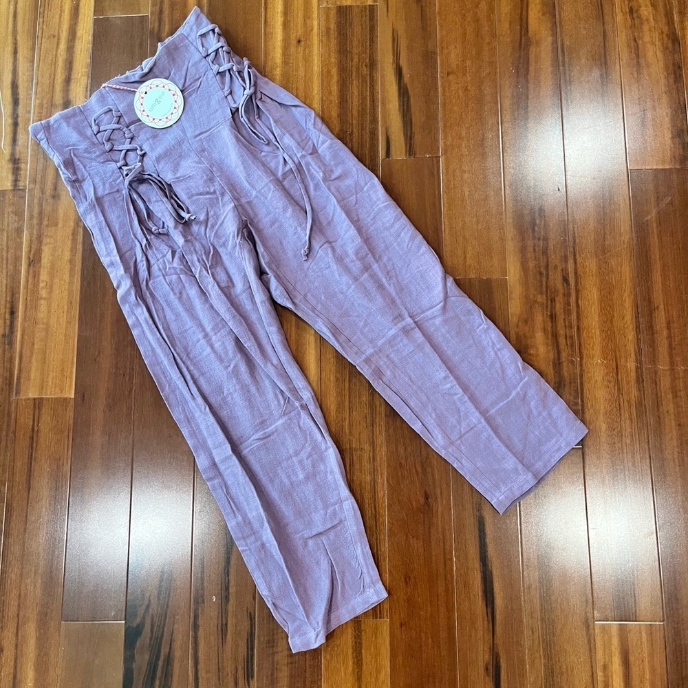 Umgee Purple Linen Pants Wide Leg Tie Front Elastic Pants Lavender New Sz Small